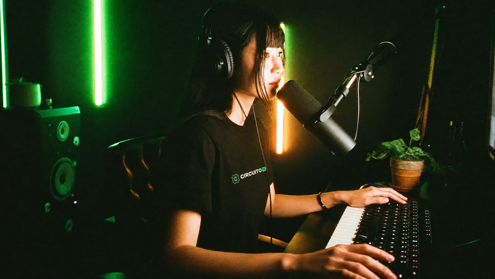 Chica haciendo stream en un setup oscuro con luces verdes